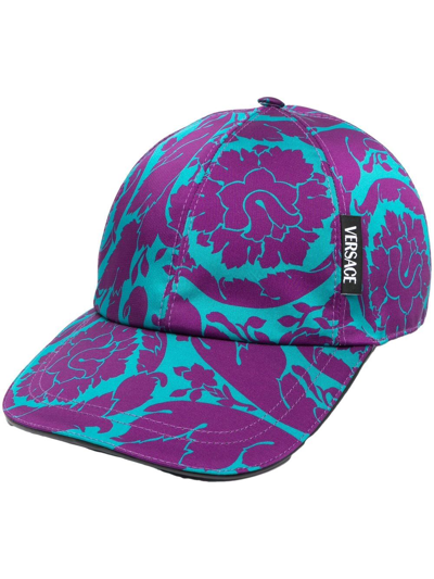 Versace All-over Floral-print Cap In Blue