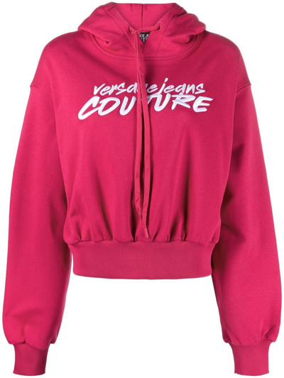 Versace Jeans Couture Logo-embroidered Cropped Hoodie In Pink