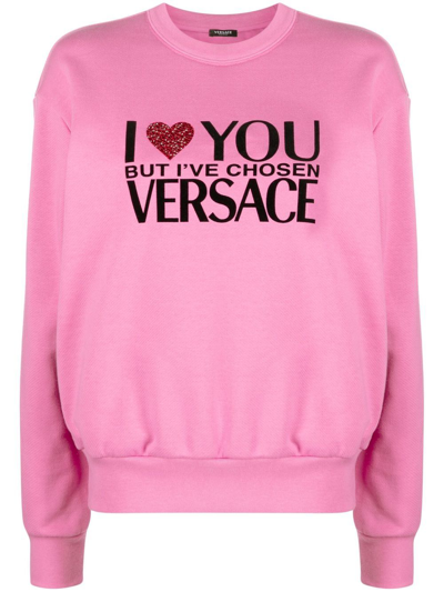 Versace Slogan-print Crew-neck Sweatshirt In Pink
