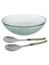 FRENCH HOME LAGUIOLE 3-PIECE RECYCLED GLASS BIRCH SALAD BOWL & SERVERS