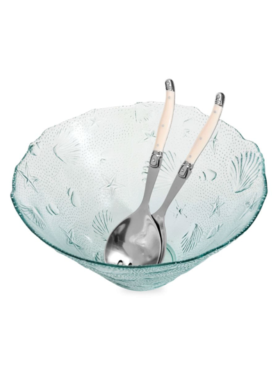 French Home Laguiole 3-piece Recycled Clear Glass Coastal Salad Bowl & Salad Servers In Neutral
