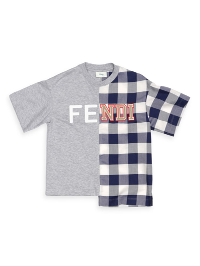Fendi Kids' Boy's Two-tone Logo Asymmetrical T-shirt In Grey Blue