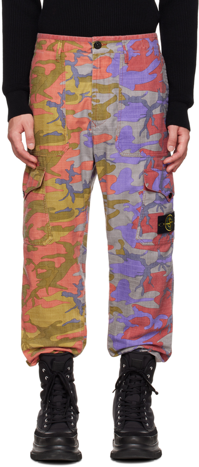 Stone Island Camouflage-print Nylon-ripstop Cargo Trousers In Red