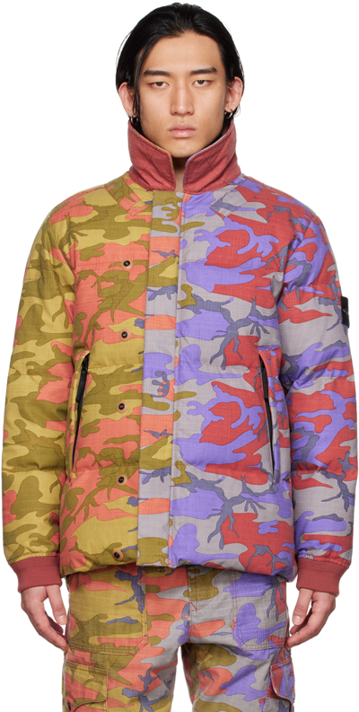 Stone Island Multicolor Heritage Camo Down Jacket In Red