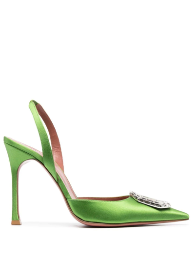 Amina Muaddi Camelia Crystal-embellished Satin And Leather Slingback Courts In Green