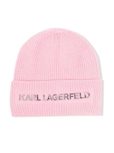 Karl Lagerfeld Logo-lettering Ribbed-knit Beanie In Pink