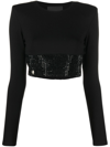 PHILIPP PLEIN CRYSTAL-EMBELLISHED CROPPED LONG-SLEEVED TOP