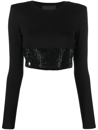 Philipp Plein Crystal-embellished Cropped Long-sleeved Top In Black