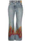 Palm Angels Burning Print Cotton Straight Jeans In Blue