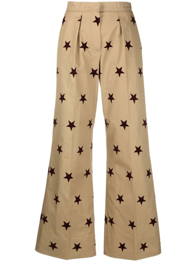 Palm Angels Star Print Wide-leg Tailored Trousers In Neutrals