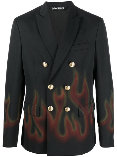 Palm Angels Flame-print Double-breasted Blazer In Black