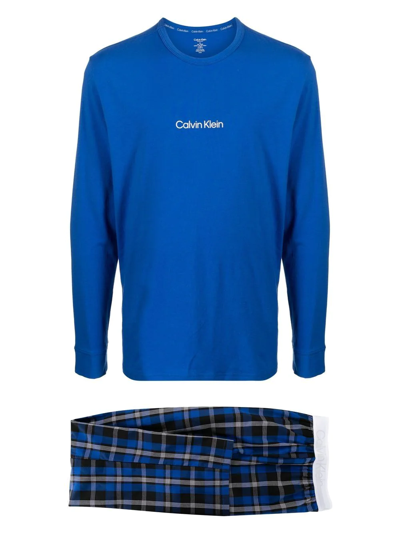 Calvin Klein Checked Long-sleeve Pyjama Set In 蓝色