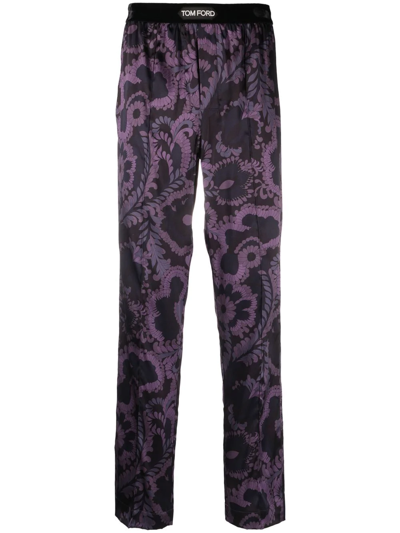 Tom Ford Floral-print Stretch-satin Trousers In Purple