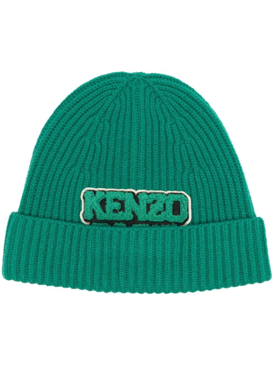 Kenzo Logo-patch Ribbed Beanie In Green