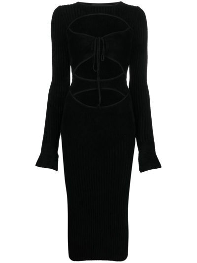 Andreädamo Ribbed Knit Velvet Midi Dress With Cut-o In Black