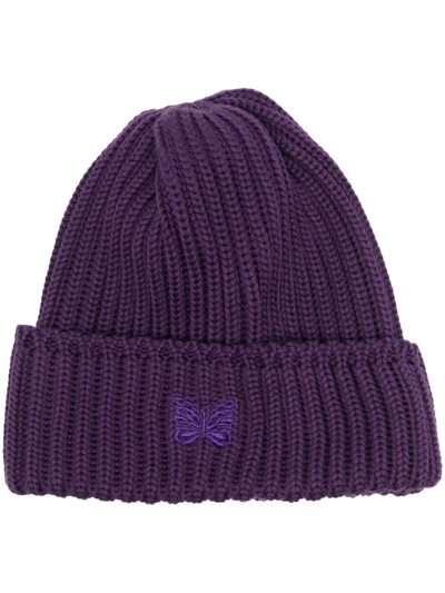 Needles Logo-embroidered Ribbed Wool Beanie In Purple