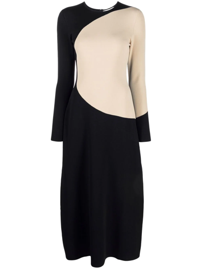 Tory Burch Colorblock Long-sleeve Knit Midi Dress In Black,sand