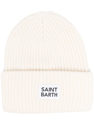 Mc2 Saint Barth Ribbed-knit Logo-patch Beanie In White