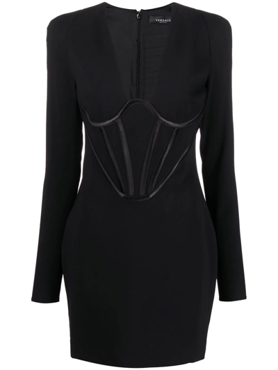 Versace Silk Satin-trimmed Crepe Mini Dress In Black
