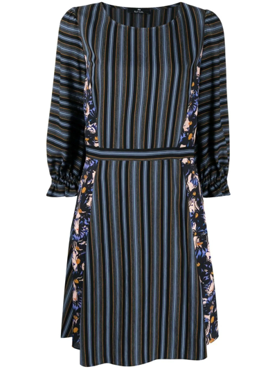Ps By Paul Smith Floral-print Stripe Pattern Dress In Blau