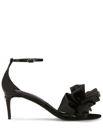 Dolce & Gabbana Ruffle-detail Calfskin Leather Sandals In Black