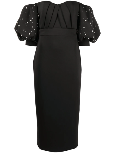 Badgley Mischka Off-the-shoulder Puff Sleeve Midi Dress In Black White