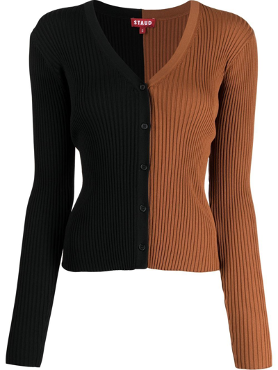 Staud Cargo Colorblock Rib Knit Cardigan In Black
