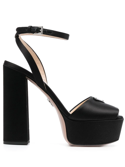 Prada Logo Satin Platform Ankle-strap Sandals In Black