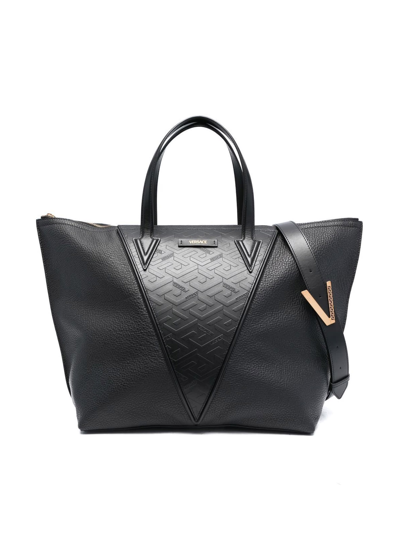 Versace Logo-embossed Leather Tote Bag In Black