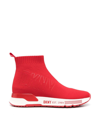 Dkny Nona Logo-print Knit Sneakers In Candy Red