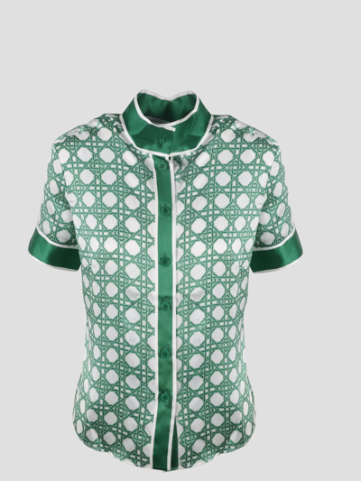 Casablanca Monogram Print Tie Neck Button Front Silk Blouse In Green Le Monogramme Dosier
