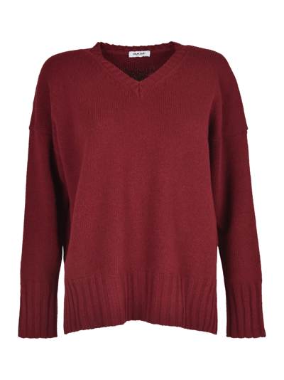 Base V-neck Rib Knit Plain Sweater In Bordeaux