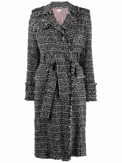 Thom Browne Unconstructed Check Tweed Belted Trench Coat In Blk/wht