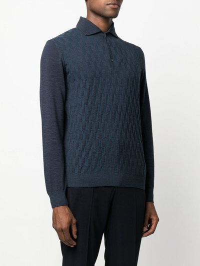 Corneliani Geometric-pattern Knitted Polo Shirt In Blau