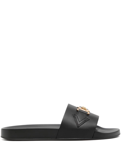 Versace Medusa Leather Slides In Black
