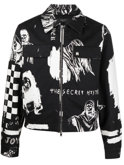 Amiri X Wes Lang Sketch Print Wool Blend Utility Jacket In Black,white