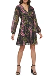 Kensie V-neck Long Sleeve Floral Chiffon Shift Dress In Black Multi