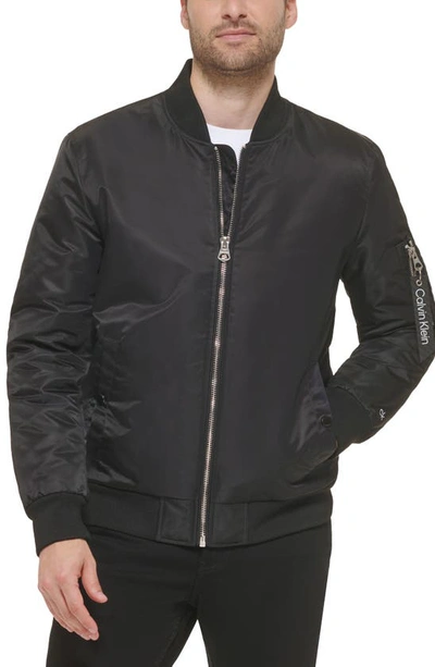 Calvin Klein Men's Faux-leather Bomber Jacket With Rib-knit Trim In Black