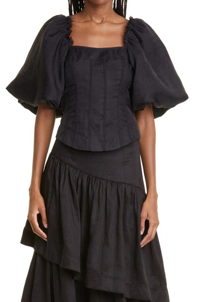 Aje Cecile Puff Sleeve Taffeta Corset Top In Black