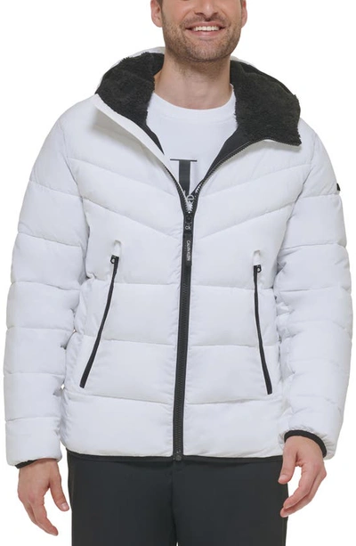 Calvin Klein Men's Chevron Stretch Jacket With Sherpa Lined Hood In White