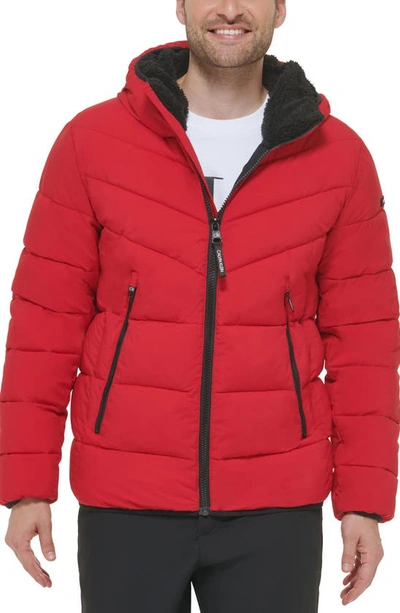 Calvin Klein Men's Chevron Stretch Jacket With Sherpa Lined Hood In Deep Red