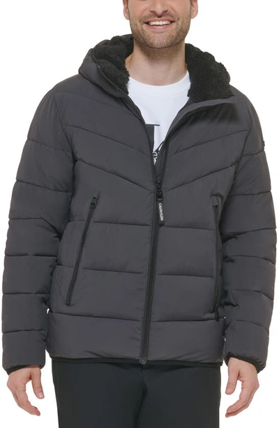 Shop Calvin Klein Faux Fur Hooded Stretch Jacket In Iron