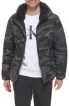 Calvin Klein Faux Fur Hooded Stretch Jacket In Black Camo