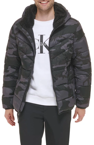 Calvin Klein Faux Fur Hooded Stretch Jacket In Black Camo