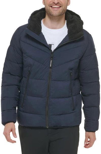 Calvin Klein Faux Fur Hooded Stretch Jacket In True Navy