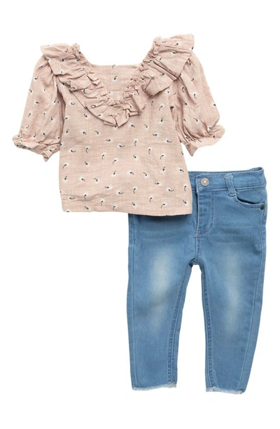 JESSICA SIMPSON WOVEN SLUB GAUZE TOP & DENIM JEGGINGS SET 