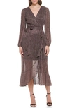 Kensie Long Sleeve Shimmer Chiffon Midi Dress In Rose Gold/ Black