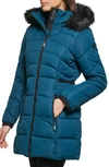 Guess Faux Fur Trim Hooded Puffer Jacket In Teal