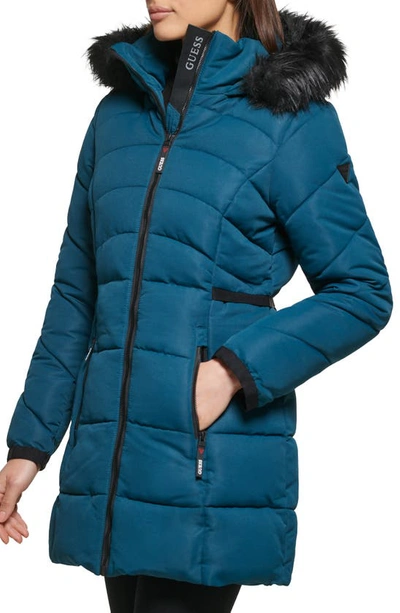 Guess Faux Fur Trim Hooded Puffer Jacket In Teal