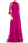 Mac Duggal Illusion Sleeve Gathered Chiffon A-line Gown In Magenta